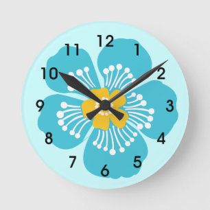 Blue Tropical Flower Round Clock