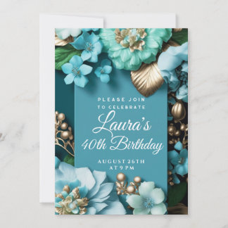 Blue tropical flowers golden glitter Birthday Invitation
