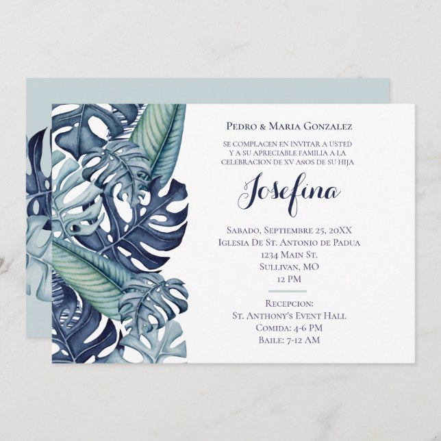 Blue Tropical Foliage Border Quinceañera Invitation (Front/Back)