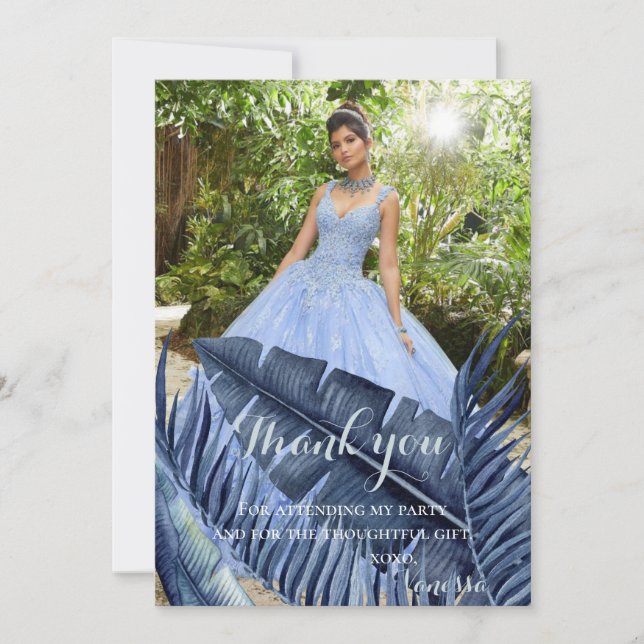 Blue Tropical Foliage Photo Thank You Card (Front)