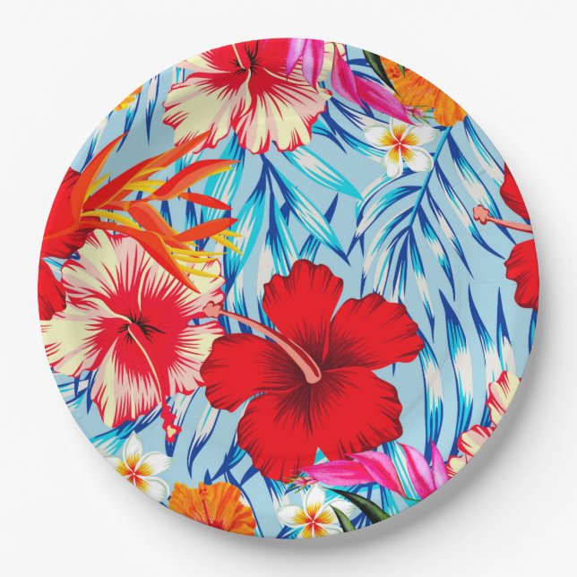 Blue Tropical hibiscus flowers paper plates (Front)