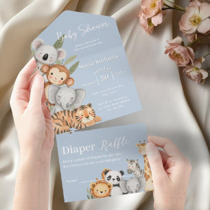 Blue Tropical Jungle Safari Baby Shower Animals  All In One Invitation