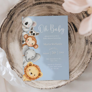 Blue Tropical Jungle Safari Baby Shower Animals Invitation