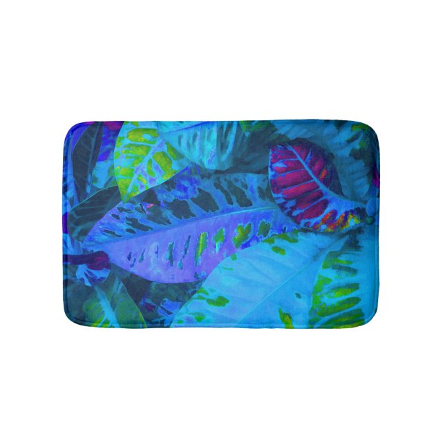 Blue tropical leaves bath mat (Front)