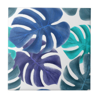 Blue Tropical Leaves Ceramic Tile