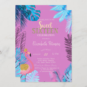 Blue Tropical Leaves Flamingos Pink Sweet 16  Invitation
