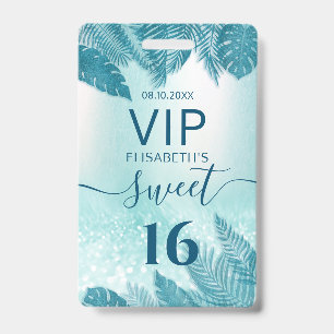 Blue Tropical leaves glitter script Sweet 16 VIP  ID Badge