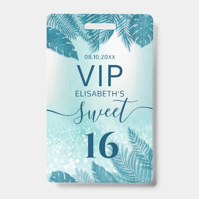 Blue Tropical leaves glitter script Sweet 16 VIP  ID Badge (Front)