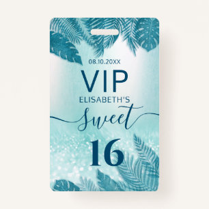 Blue Tropical leaves glitter script Sweet 16 VIP  ID Badge