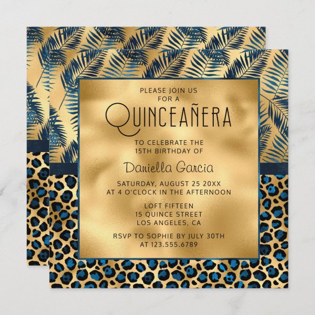 Blue Tropical Leopard Print Shimmer Quinceañera Invitation (Front/Back)