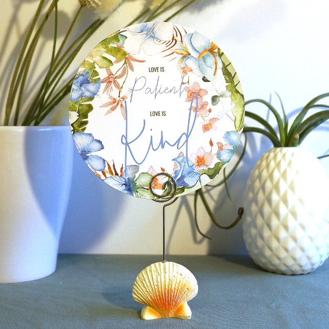 Blue Tropical Love is Patient Wedding Sign Invitation (love is patient love is kind sign tropical blue hibiscus flowers wedding green banana leaves)