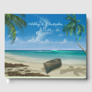 Blue Tropical Ocean Beach Boat Palm Trees Wedding Guest Book