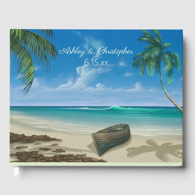 Blue Tropical Ocean Beach Boat Palm Trees Wedding Guest Book (Front)