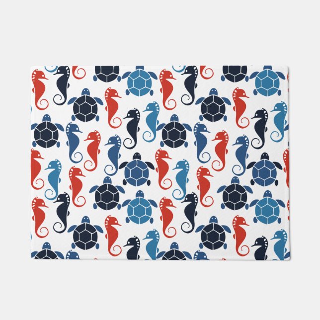 Blue Tropical Ocean Sea Turtle Seahorses Doormat (Front)
