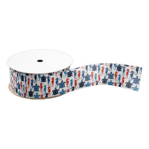Blue Tropical Ocean Sea Turtle Seahorses Grosgrain Ribbon