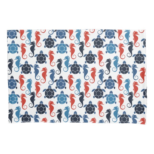 Blue Tropical Ocean Sea Turtle Seahorses Pillowcase (Front)