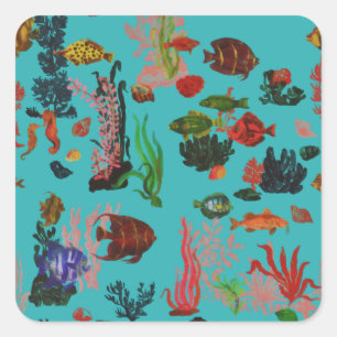 Blue Tropical Ocean Sealife Paradise Watercolor Square Sticker