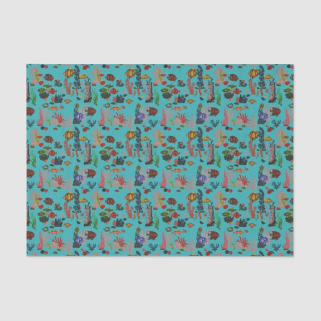 Blue Tropical Ocean Sealife Paradise Watercolor Tissue Paper (Front)