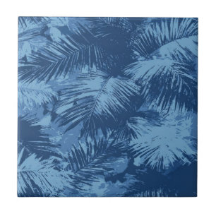 Blue Tropical Palm Leaf Ceramic Tile