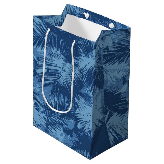 Blue Tropical Palm Leaf Medium Gift Bag (Front Angled)