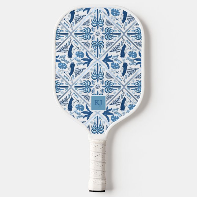 Blue Tropical Palm Tile Coastal Monogrammed Pickleball Paddle (Back)