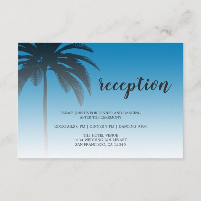 Blue Tropical Palm Tree Beach Wedding Reception Enclosure Card (Front)