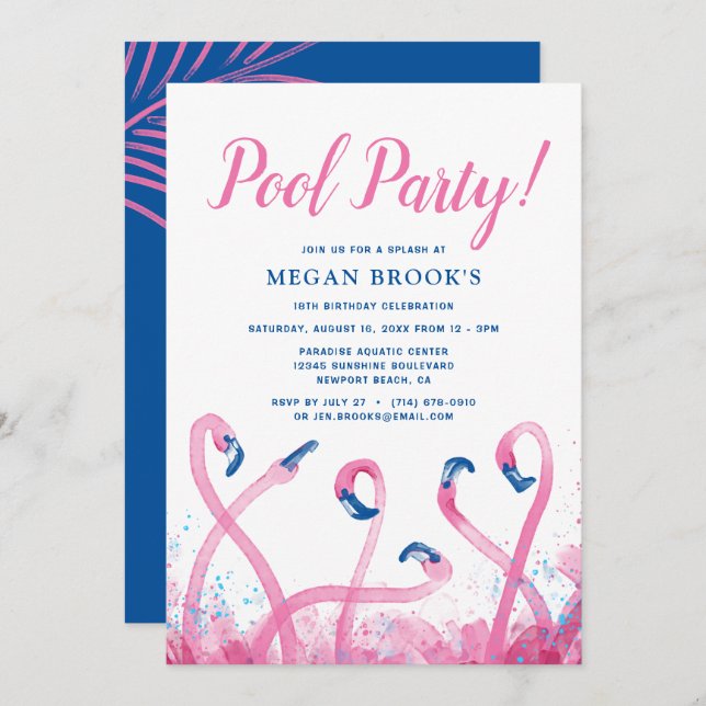 Blue Tropical Pink Flamingo 18th Pool Birthday Invitation (Front/Back)