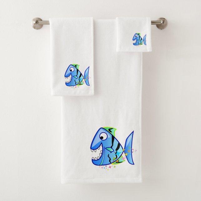 Blue Tropical Piranha with stars Bath Towel Set (Insitu)