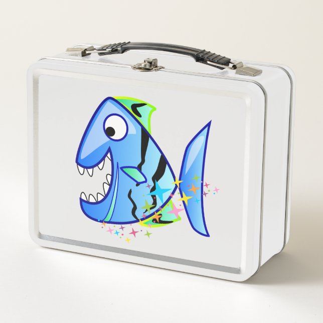 Blue Tropical Piranha with stars Metal Lunch Box (Front)