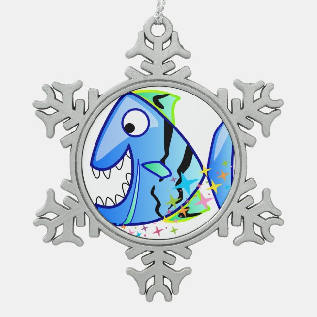 Blue Tropical Piranha with stars Snowflake Pewter Christmas Ornament (Front)