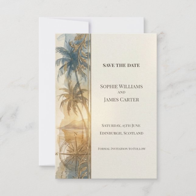 Blue Tropical Save The Date Card (Front)