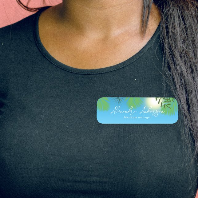 Blue Tropical Summer Sky Modern Script Custom Name Tag (Creator Uploaded)