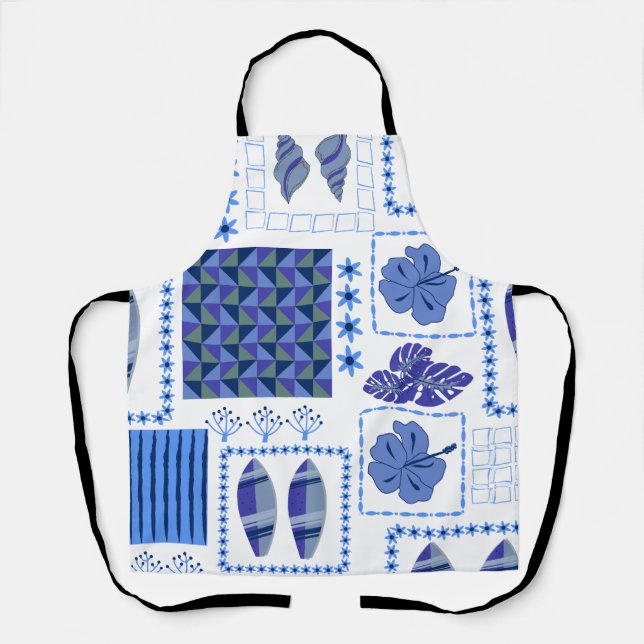 Blue Tropical Surfboard Hibiscus Pattern Apron (Front)