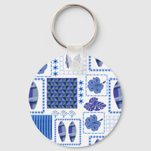 Blue Tropical Surfboard Hibiscus Pattern Key Ring