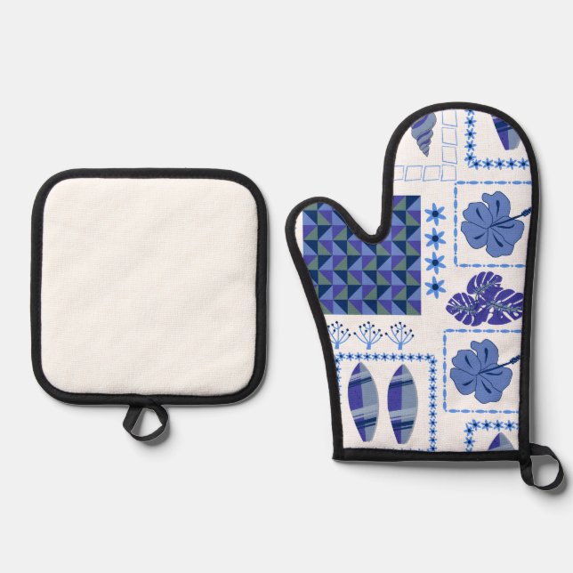 Blue Tropical Surfboard Hibiscus Pattern Oven Mitt & Pot Holder Set (Front)