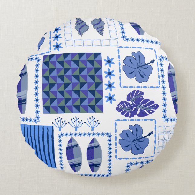 Blue Tropical Surfboard Hibiscus Pattern Round Cushion (Front)
