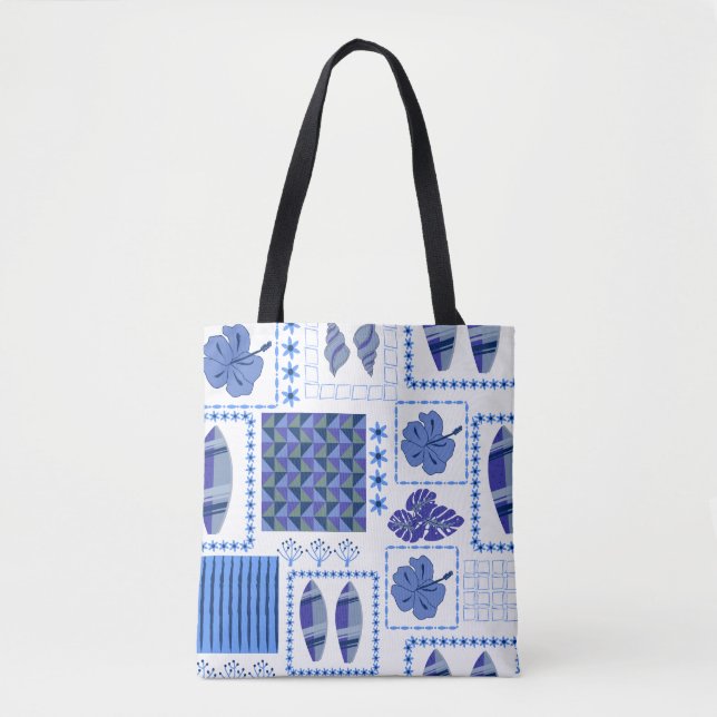 Blue Tropical Surfboard Hibiscus Pattern Tote Bag (Front)