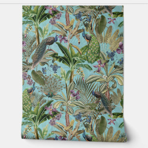Blue Tropical Vintage Peacock Floral Rainforest Wallpaper