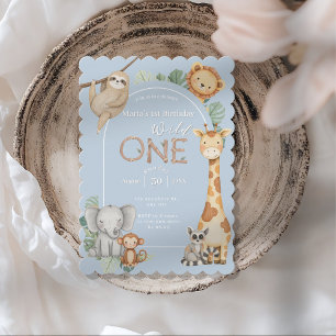 Blue Tropical Wild One Jungle Safari Animals  Invitation