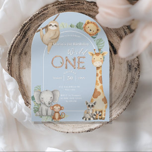 Blue Tropical Wild One Jungle Safari Animals Invitation