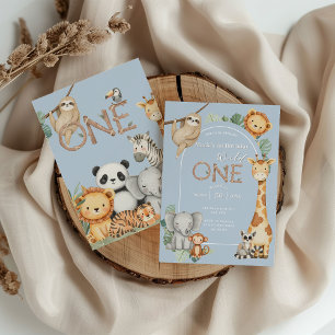 Blue Tropical Wild One Jungle Safari Animals Invitation