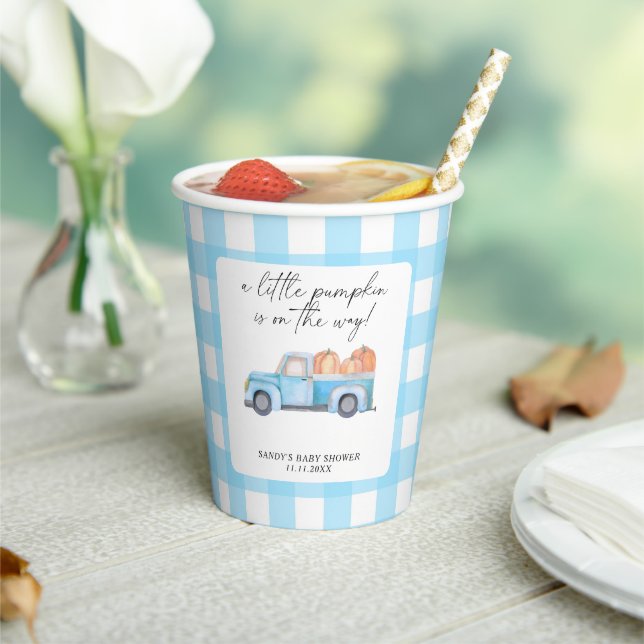Blue Truck A Little Pumpkin Fall Baby Shower Paper Cups (Insitu)