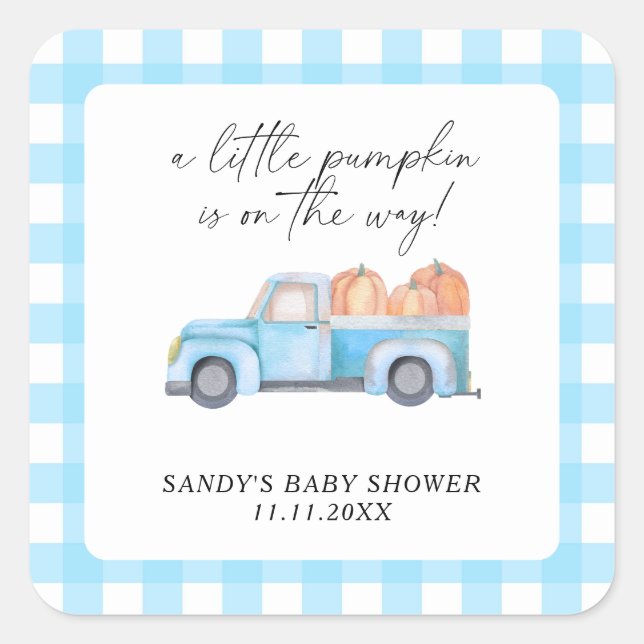 Blue Truck A Little Pumpkin Fall Baby Shower Square Sticker (Front)