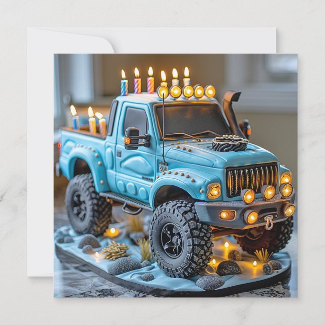 Blue Truck Birthday Cake Headlights Candles  Card (Front)