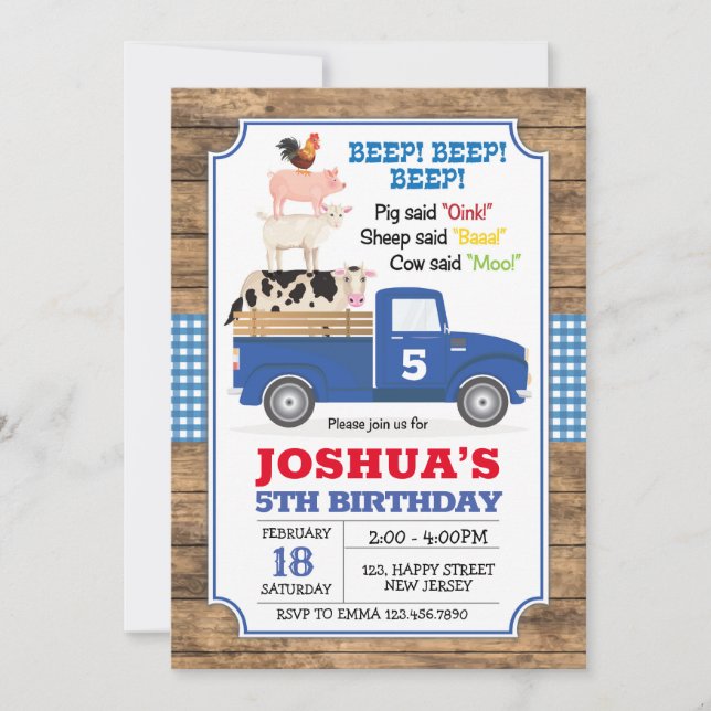Blue Truck Birthday Invitation. Farm Invite (Front)
