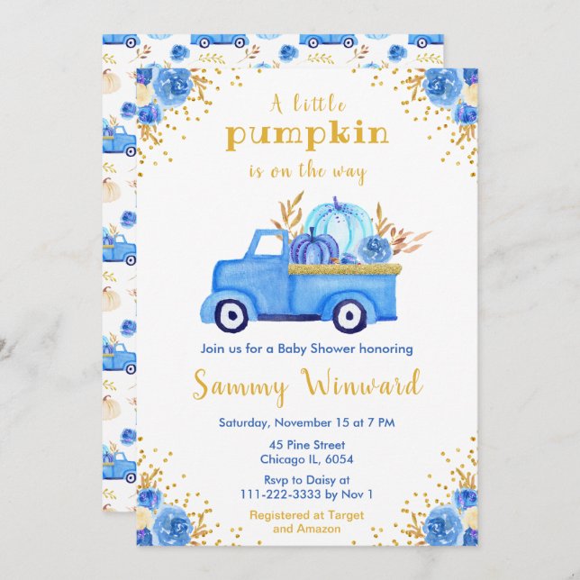 Blue Truck Fall Pumpkin Baby Shower Invitation (Front/Back)