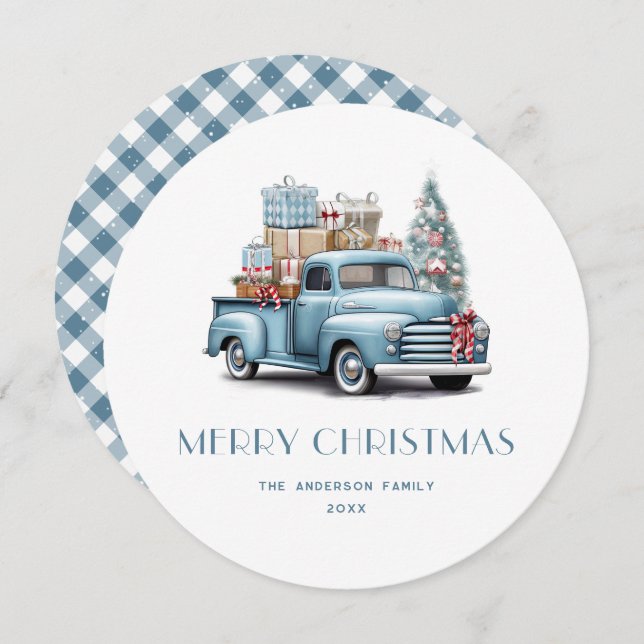 Blue Truck Gifts Snow Plaid Merry Christmas Card (Front/Back)