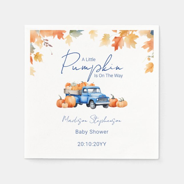 Blue Truck & Little Pumpkin on The Way Baby Shower Napkin (Front)