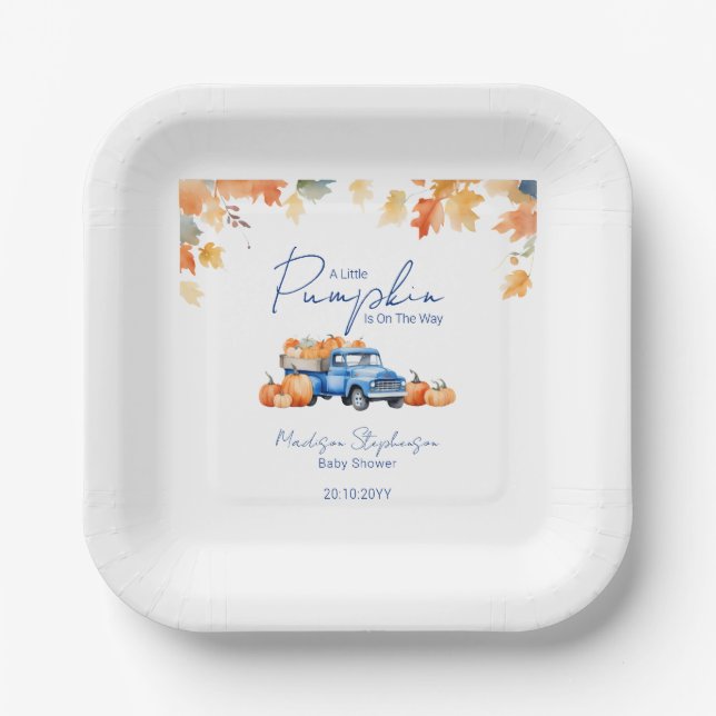 Blue Truck & Little Pumpkin on The Way Baby Shower Paper Plate (Front)