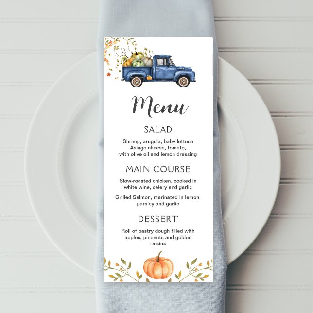 Blue truck menu, editable pumpkin printable menu (Creator Uploaded)